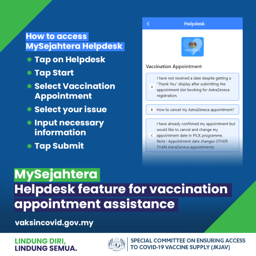 MySejahtera Helpdesk Feature For Vaccination Appointment Assistance